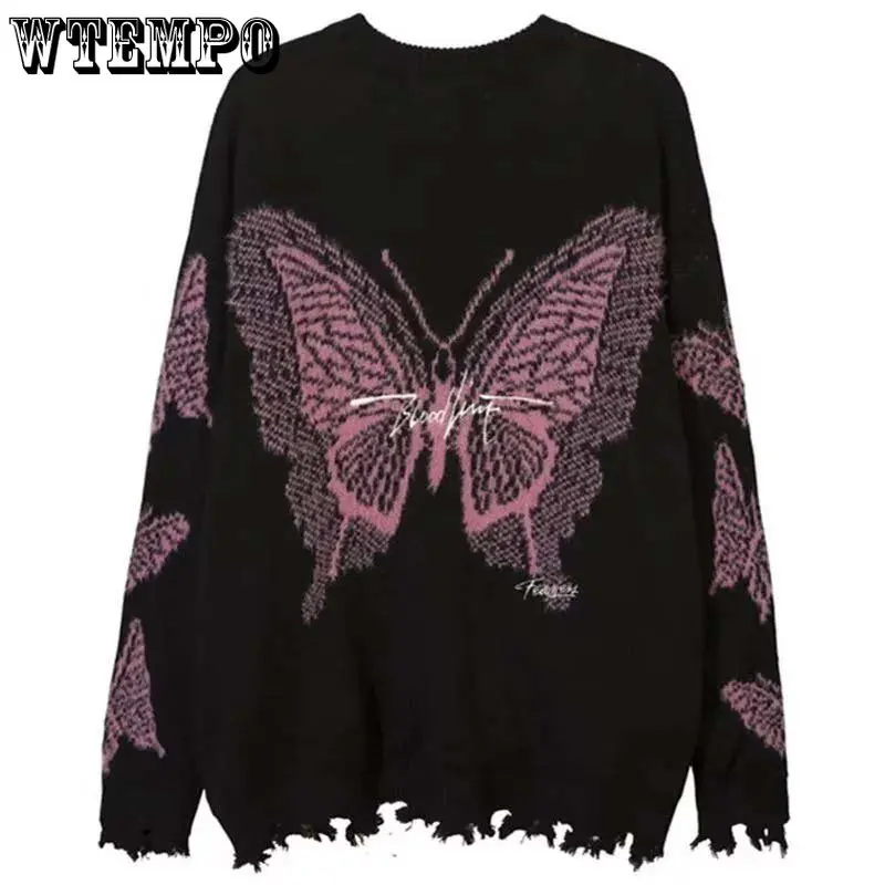 

Black Fashion Punk Butterfly Embroidered Sweater Male/Female Loose Knit Pullover O-Neck Long Sleeve Top Pull Jumper Spring Fall