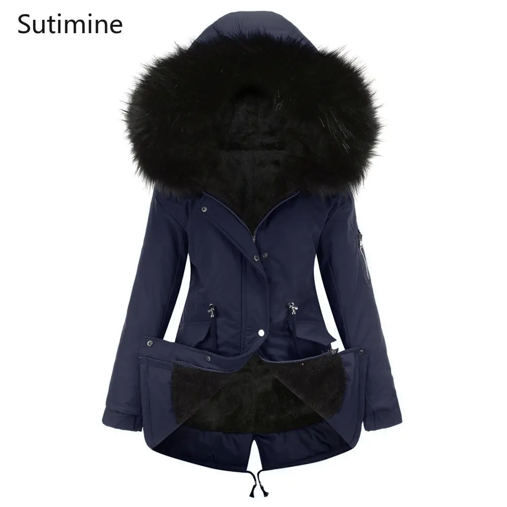 Winter Clothes Women Office Lady Flocking Hooded Winter Warm Plush Coat Cotton Jacket Button Pockets Loose Winter Clothes Women