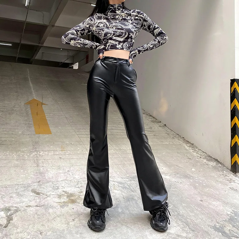 

2022 new women's pants & trousers ins elastic PU leather micro pull children's high waist slim casual pant