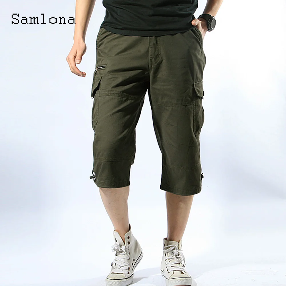 

Samlona Plus size Men Calf-Length Pants 2023 Summer New Fashion Zipper Pockets Trousers Army Green Outdoor Casual Beach Hotpants