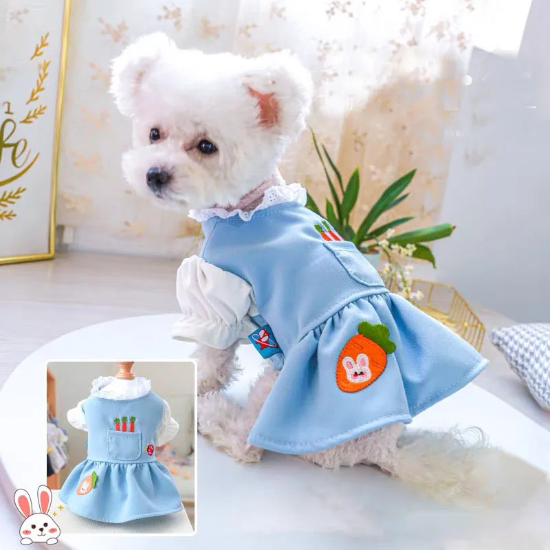 

Sweet Puppy Cat Dress Blue Lace Collar Bubble Sleeve Dog Shirt Dress Pet Clothes For Small Dogs Chihuahua Kitten Pups Skirts XS