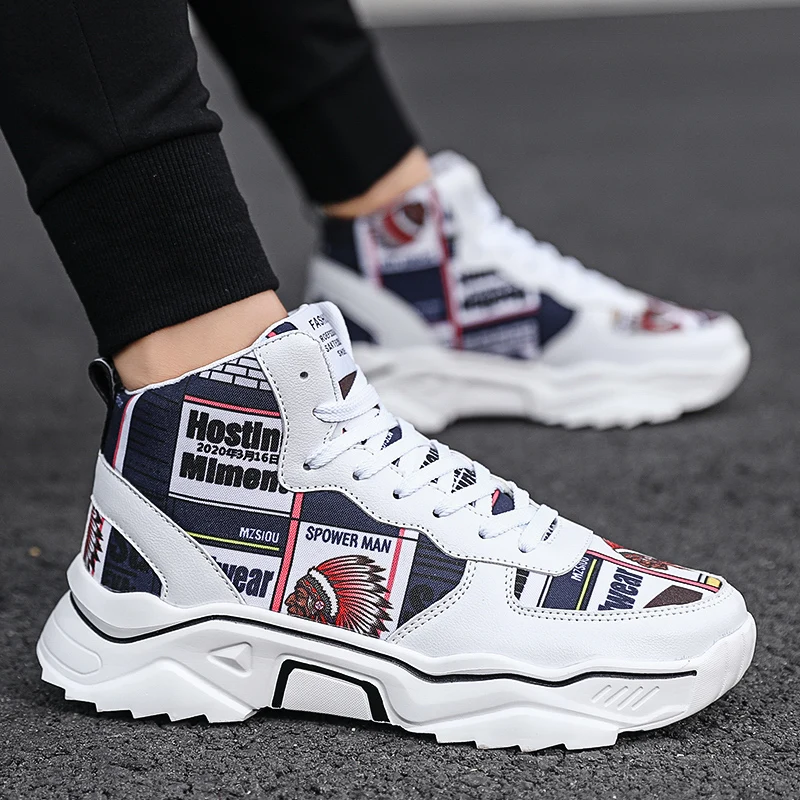 Brand Men High Top Sneakers Boys Comfortable Non-Slip Basketball Shoes Couple Printing Vulcanized Shoes Cool Street Sports Shoes
