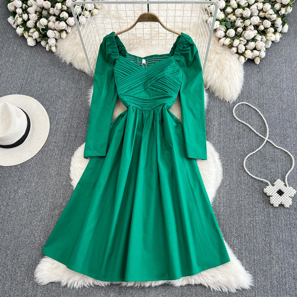 

Женское приталенное платье с квадратным вырезом, элегантное платье составного кроя с длинным рукавом и складками, весна-осень