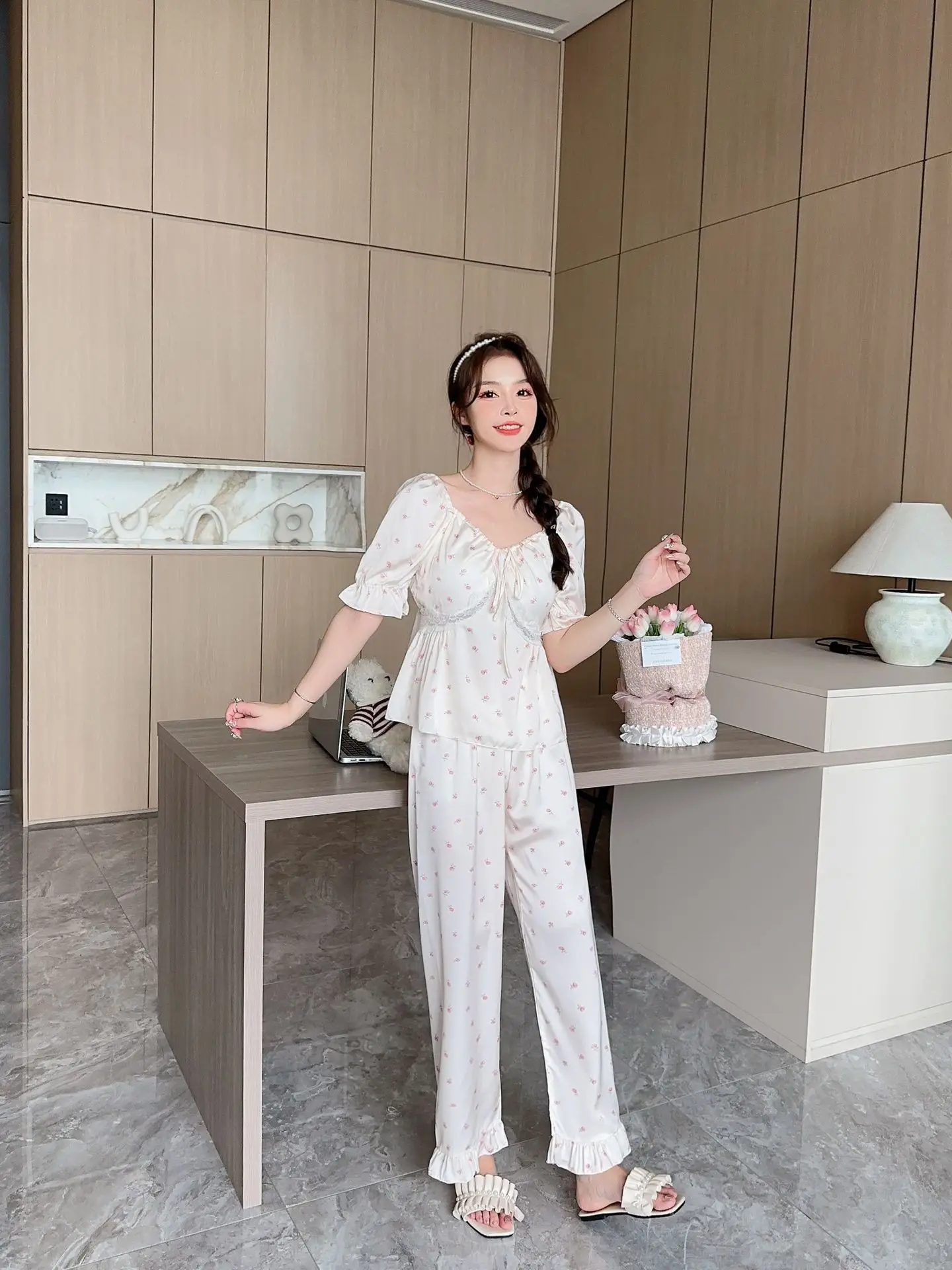 Summer Ice Silk Pajamas Women's Lace Short Sleeve Two Piece Princess Style Sweet Home Suit Can Be Outworn in Spring and Autumn