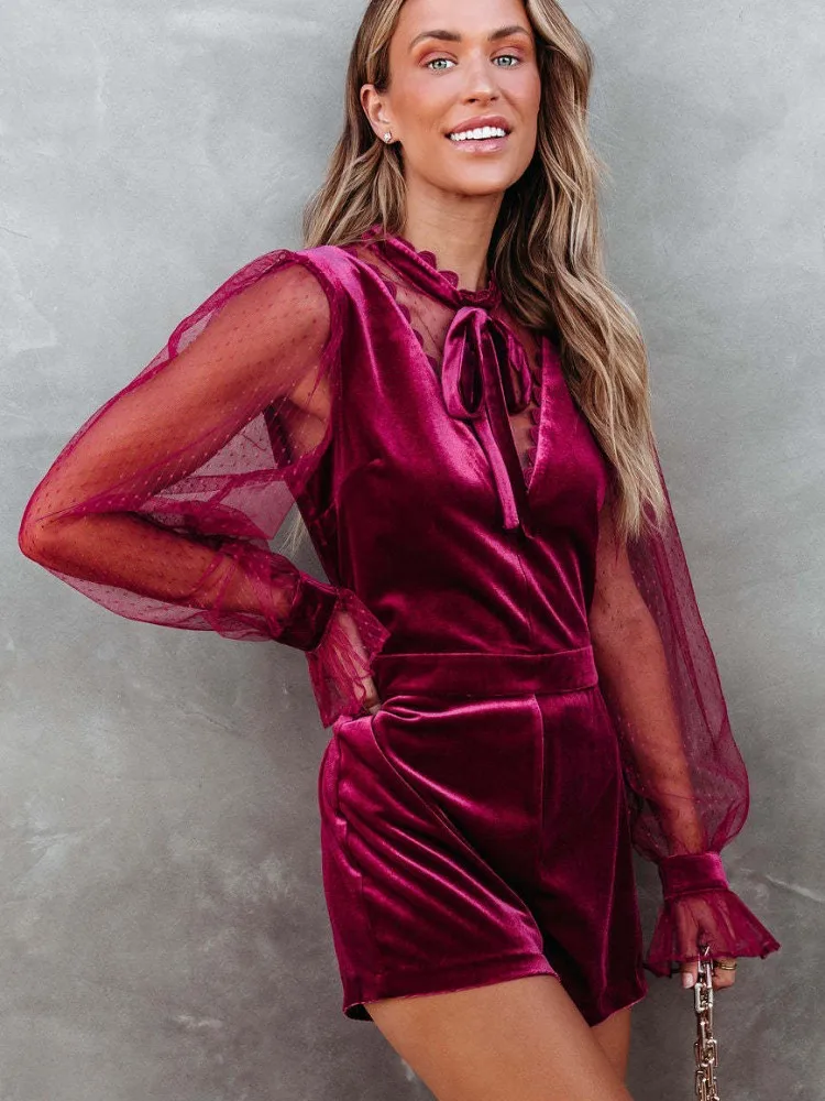 

Velour Mesh See Through Short Jumpsuit Black Women Playsuits Fall Winter Elegant Lady Office Work Wear One Piece Outfit Overalls