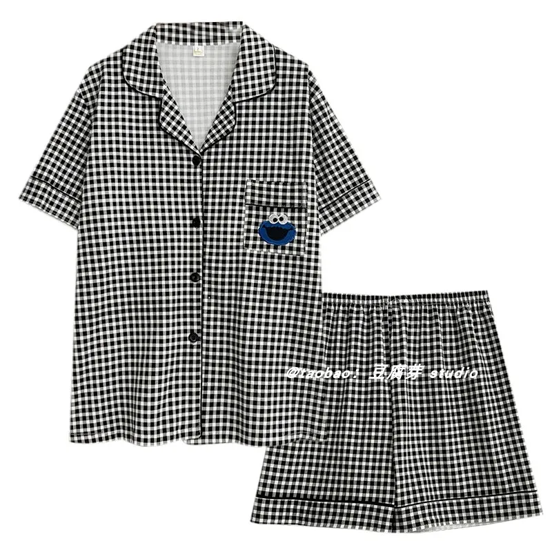 Summer New Ins Pajamas Women Japan fashion Plaid Sesame Street Thin Short sleeve Shorts Homewear Set Can Be Worn outside