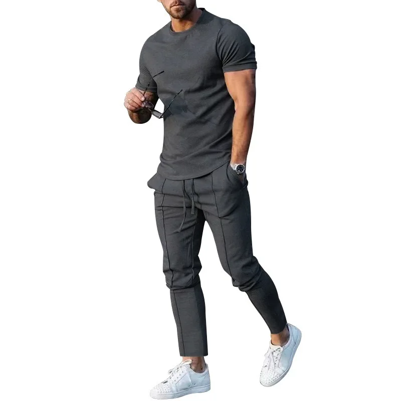 2023 Solid Color Men's New T-shirt Set Summer Simple Fashion Streetwear Oversized Breathable Sportswear Set For Men