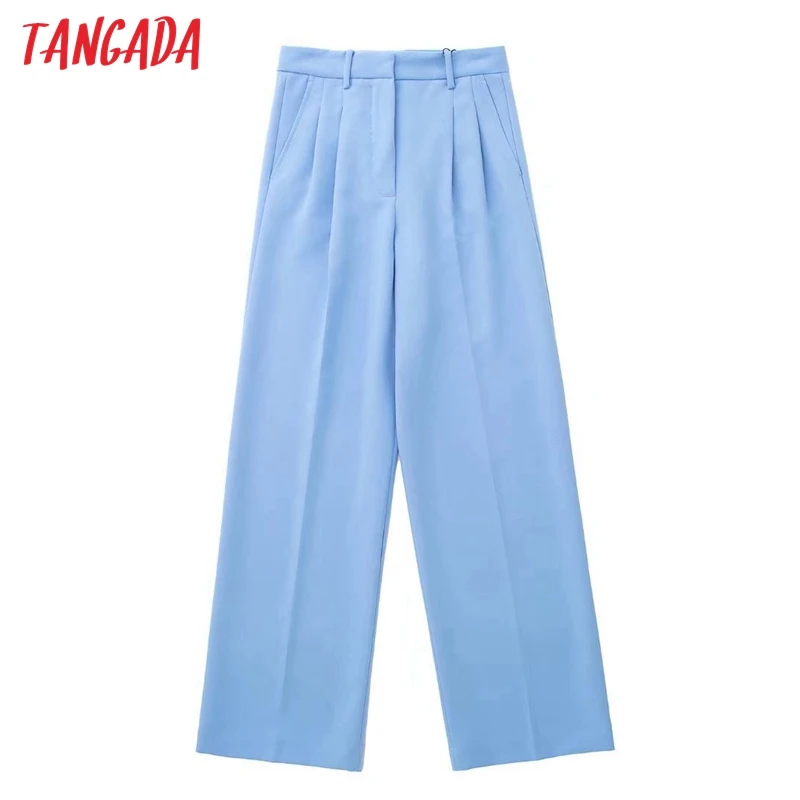 

Tangada 2022 Fashion Women Blue Pleated Wide Leg Suit Pants Trousers Pockets Office Lady Elegant Pants Pantalon 3H281