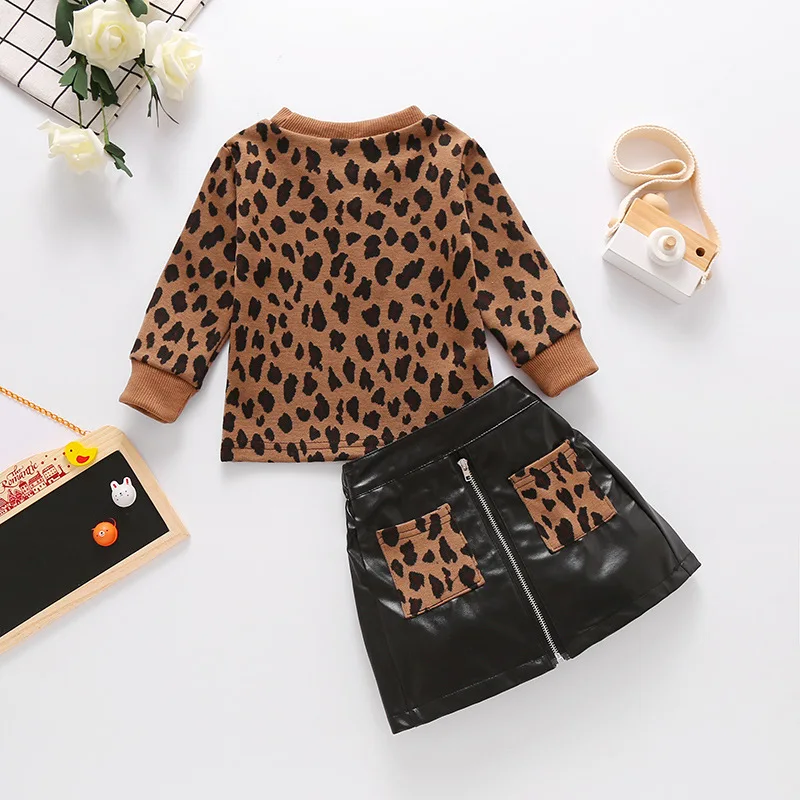 

Autumn Toddler Baby Girls Clothes Leopard Print Pullover Sweatshirts Sweater Zipper Leather Skirts Kids Warm Outfits Suit