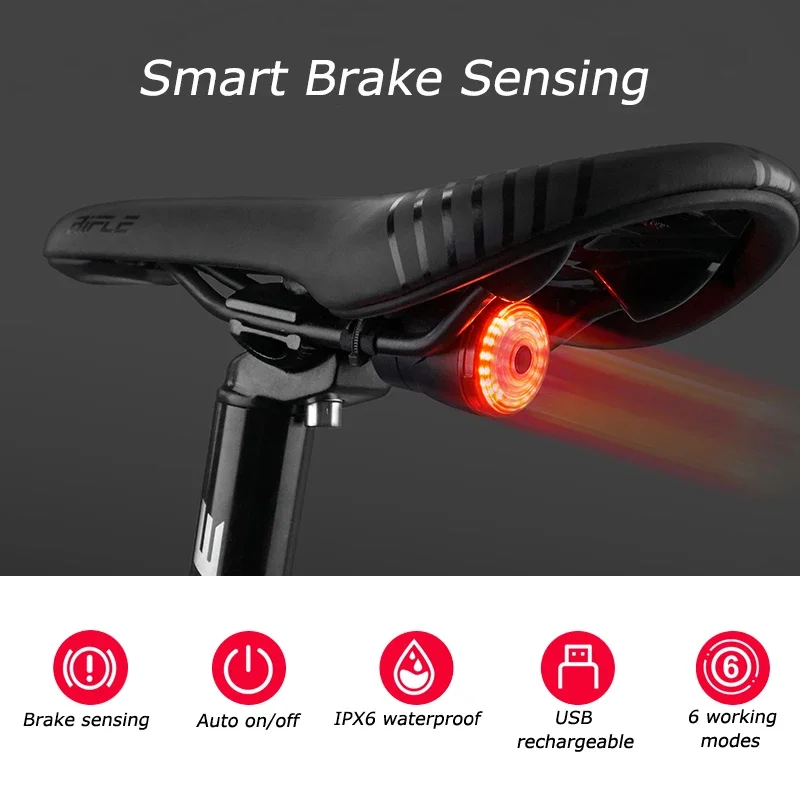 

Smart Bicycle Tail Rear Light Auto Start Stop Brake IPX6 Waterproof USB Rechargeable Cycling Taillight Bike LED Lights