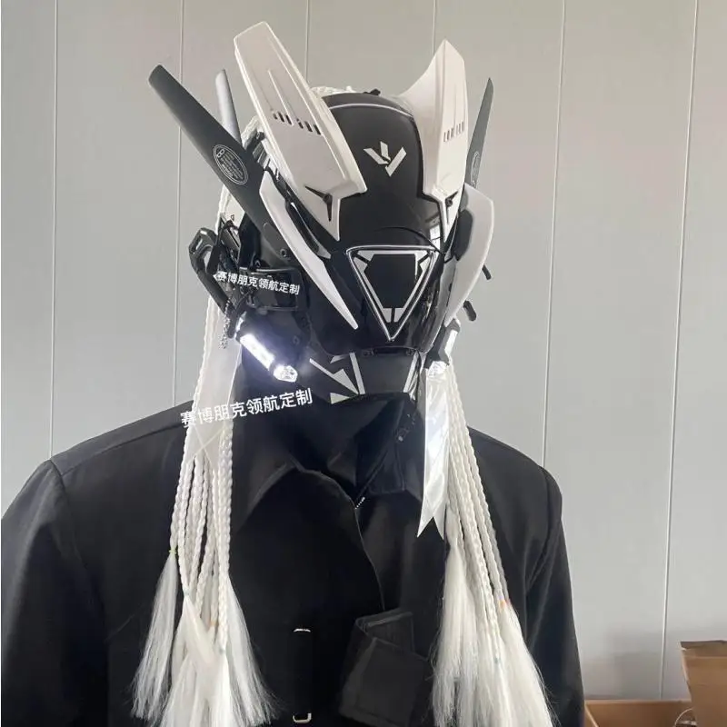 

Женская маска самурая Shinobi, шлем Saboponk, крутая маска для косплея дреды со светодиодными косами, дневные волны