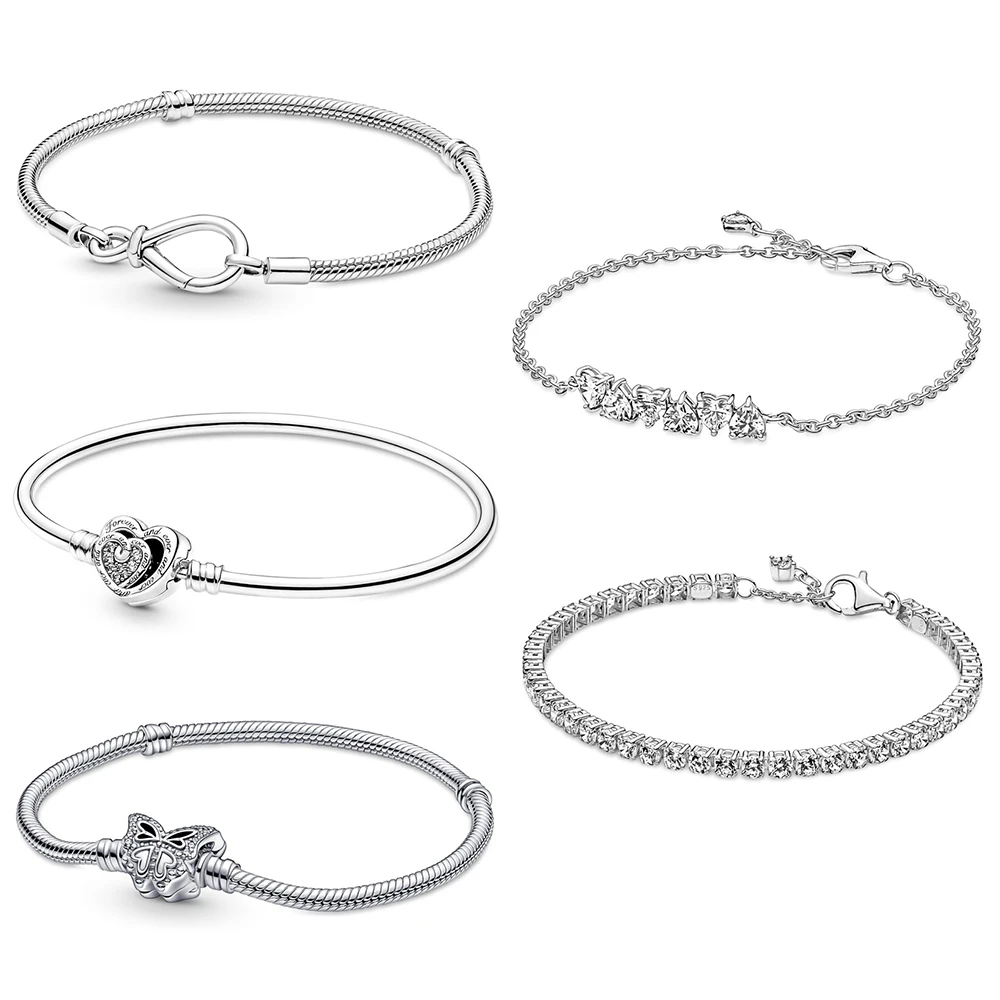 

NEW 925 Sterling Silver Infinity Knot Snake Chain Bracelet Entwined Infinite Hearts Clasp Bangle Fit Women DIY pan Charms