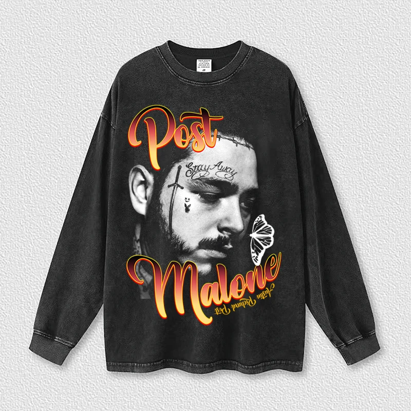 

POST MALONE Autumn Men's Long Sleeve Clothing Harajuku Washed Cotton T-Shirts Neutral Hip Hop New Oversized Tops Rock Print 2022