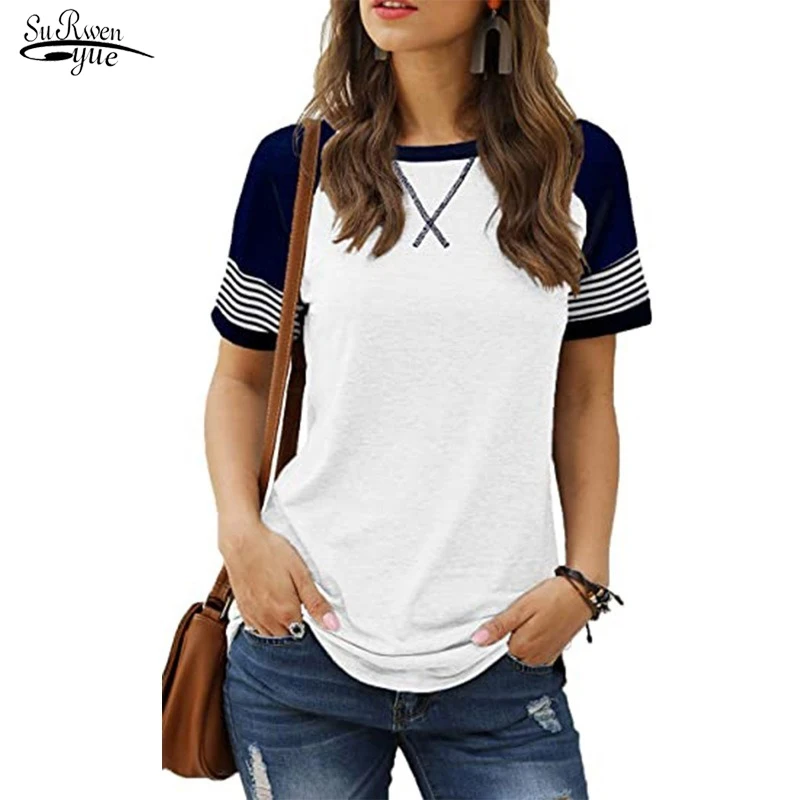 

Summer Patchwork Printed Sport Tops O-Neck Striped Tee Shirt Casual Short Sleeve Cotton Oversized Tee Shirt Women Clothing 19319