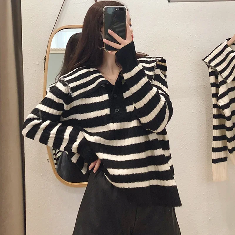 Женский вязаный свитер верхняя одежда свободного кроя топ в полоску куртка с