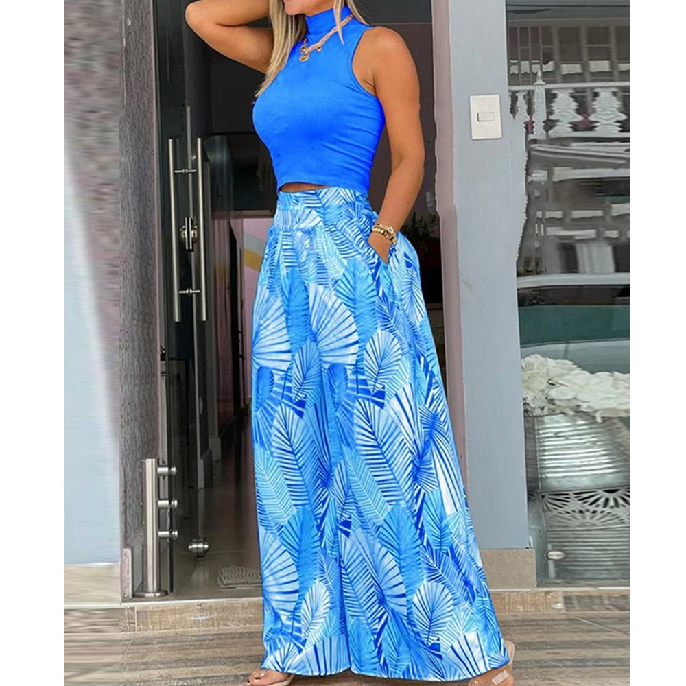 

Wepbel Sleeveless Tank Tops Women Summer Straight Trousers Two Piece Set Outfits Short Vest Top Leaf Print Pocket Wide Leg Pants