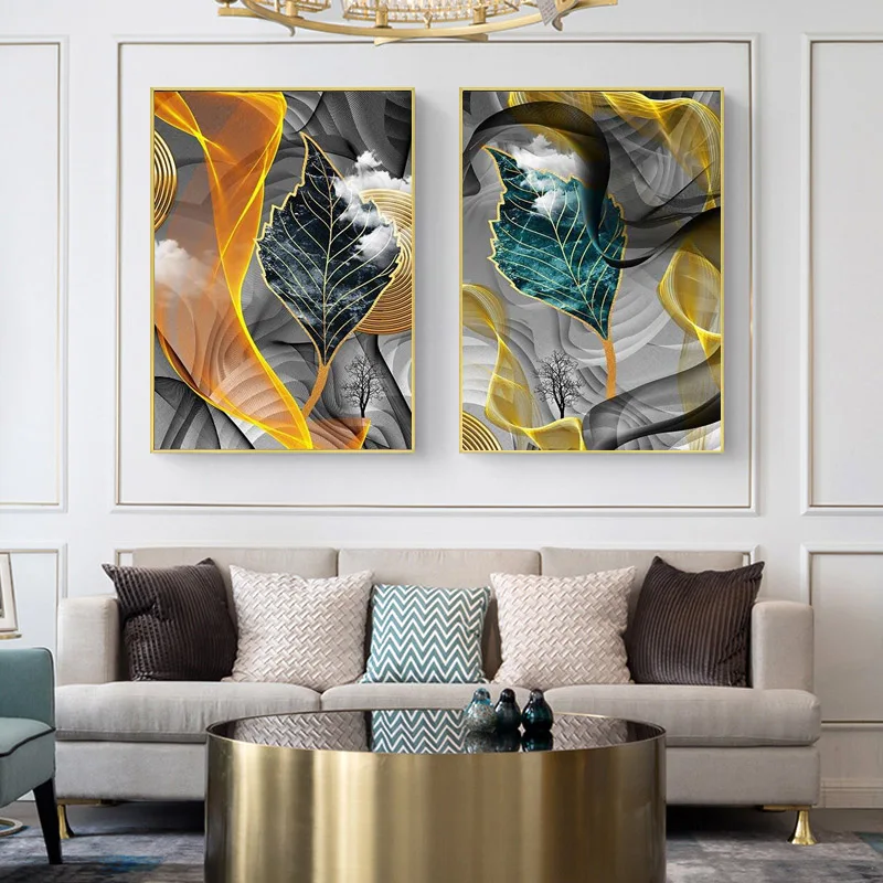 Абстрактная Картина на холсте с золотыми желтыми листьями плакаты и принты