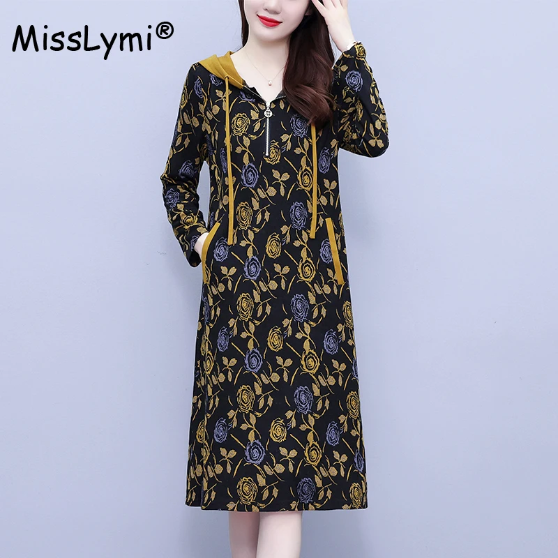 

Женское Повседневное платье с капюшоном, элегантное платье средней длины с длинным рукавом и цветочным принтом, Осень-зима 2023