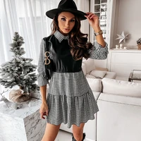 casual long sleeve mini shirt dress for women white 2022 spring pu leather patchwork plaid woman dresses clothing femme robe