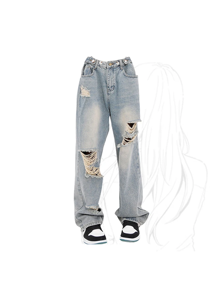 

Женские рваные джинсы, синие уличные винтажные мешковатые прямые джинсовые брюки Y2k с высокой талией, повседневные корейские широкие брюки в стиле Харадзюку