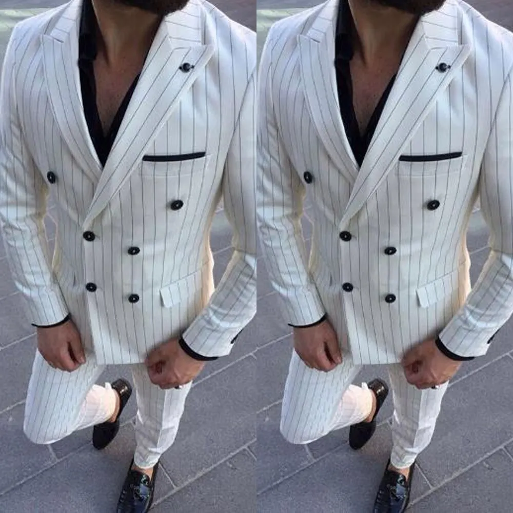 Two-piece White Striped Double-Breasted Men's Suit Temperament Slim Fit Social Banquet All-match Costume Homme