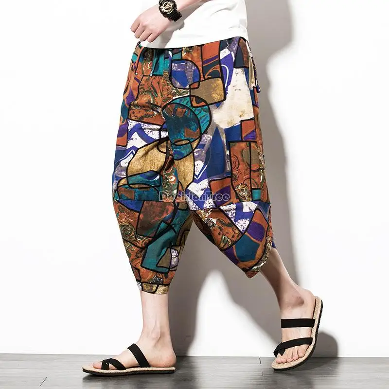 

2023 loose style casual wide leg pants flax short floral pants size m-5xl men's summer beach pants cropped pants streetwear g192