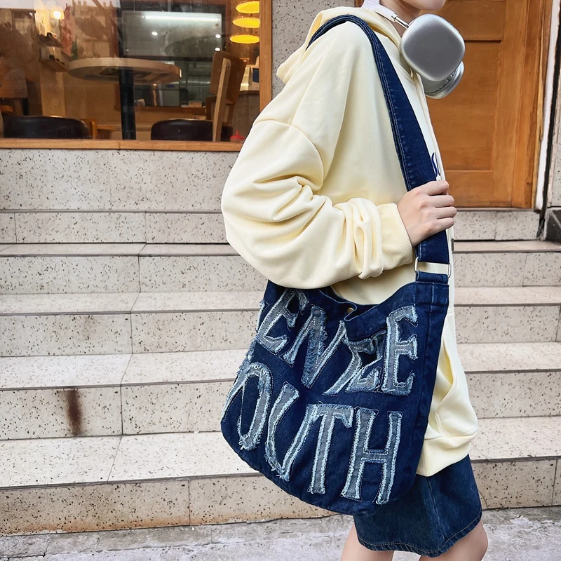 

Y2K Denim Shoulder Bags For Women Casual Unisex Handbags Jeans Shopping Eco Bag Canvas Tote Bag Letter Messenger Bag University