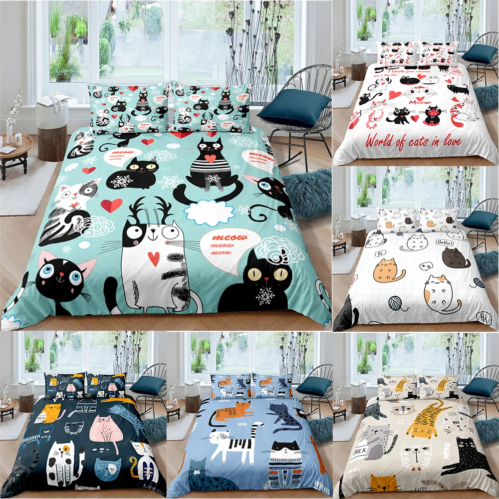 

Home Textile Cartoons Cute Cat Quilt Cover Duvet Cover Pillow Case Boy Girl 3Pcs Bedding Set Multiple Sizes