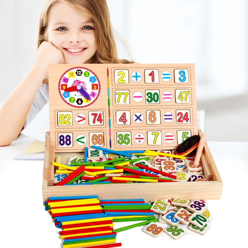 

Montessori Education Wooden Digital Blackboard Drawing Counting Stick Clock Calculation Learning Box Kids Early Education Toy