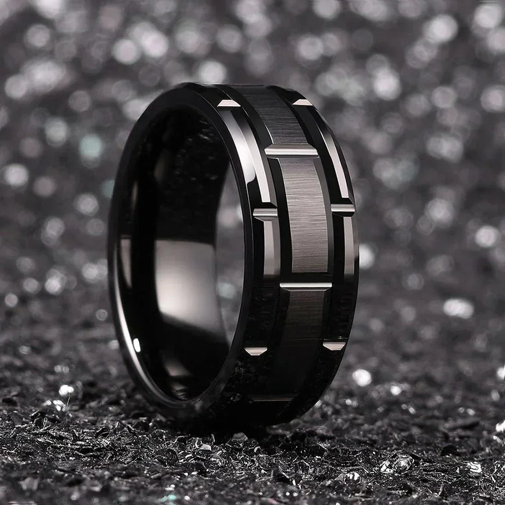 Classic Men's 8mm Black Tungsten Wedding Rings Double Groove Beveled Edge Brick Pattern Brushed Stainless Steel For Men