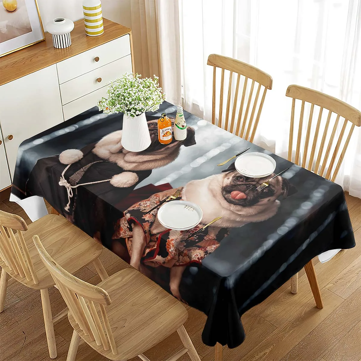 

Dog Tablecloth Vintage Illustration of Hipster Pug Dog Rectangular Tablecloth for Dining Room Kitchen Decorations Tablecloths