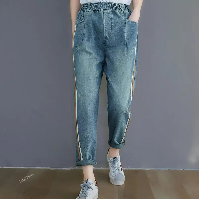 DIMI New Pants Women's Jeans Spring Thin Literary Side Stripes Stitching Retro Large Size Loose Thin Elastic Waist Harem