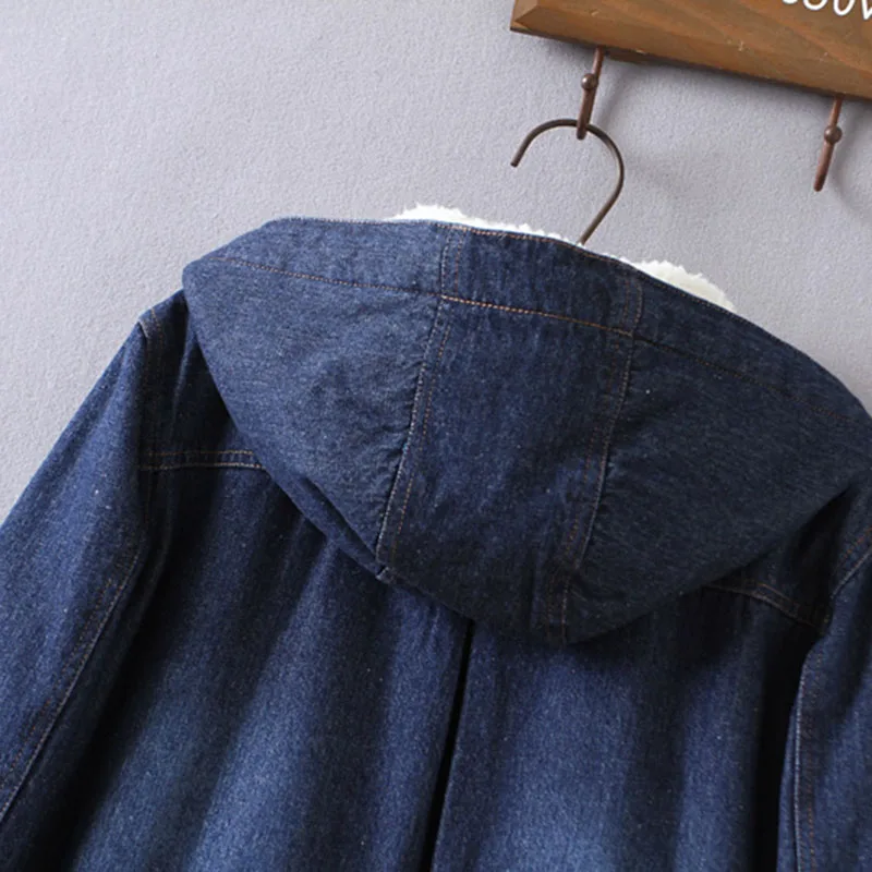 Women's Denim Clothing Winter Coat Thickened Denim  Hooded Lamb Wool Warm Cotton Parka Casual Loose Outwear Winter