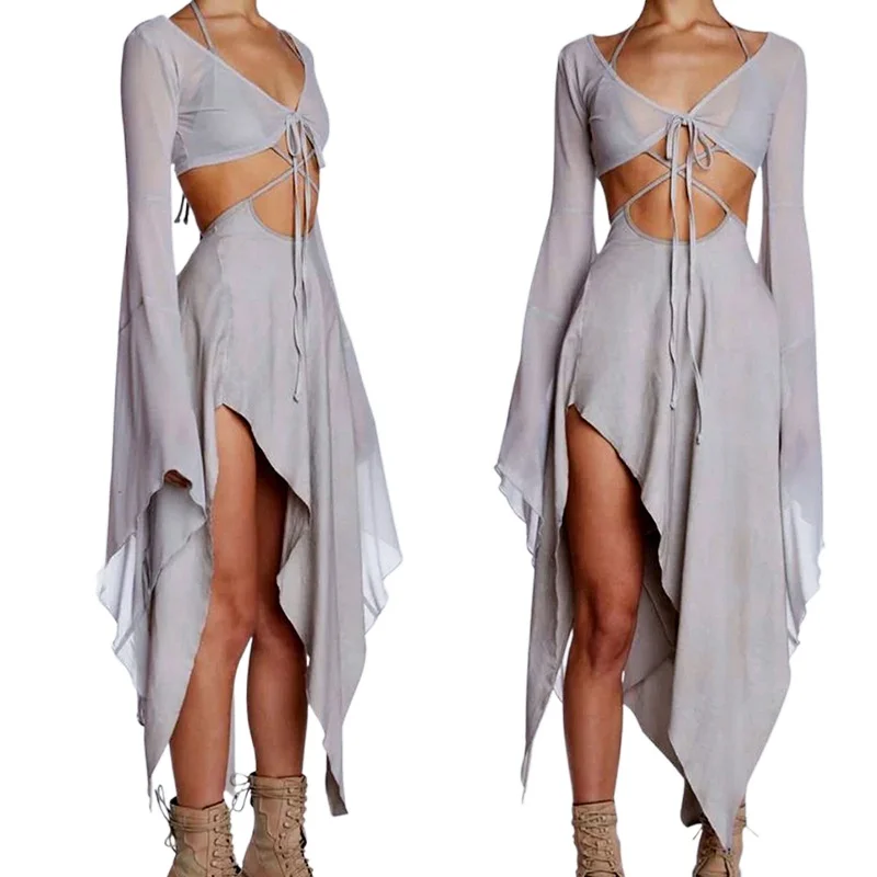 

Fashion gauze patchwork dress set Two Piece Set Women Solid Mesh Sexy Long Sleeve Bandage Top +High Waist Asymmetric Midi Skirt