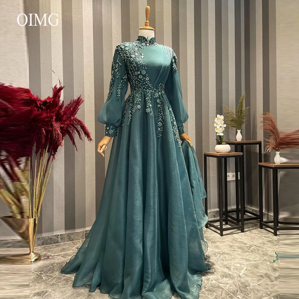 

OIMG High Neck Silk Organza Evening Dresses Long Sleeves Applique Saudi Arabic Women Formal Prom Dress Green Robe de soiree