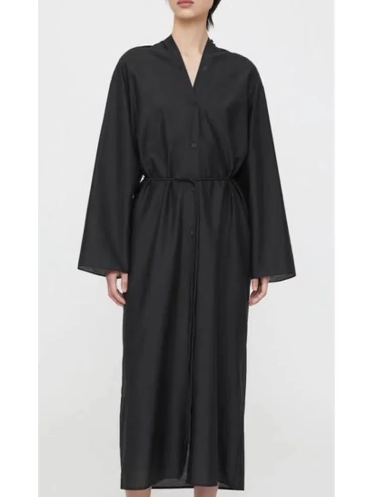 

Женское длинное платье с поясом, элегантное свободное однотонное платье с длинным рукавом и V-образным вырезом, 2023