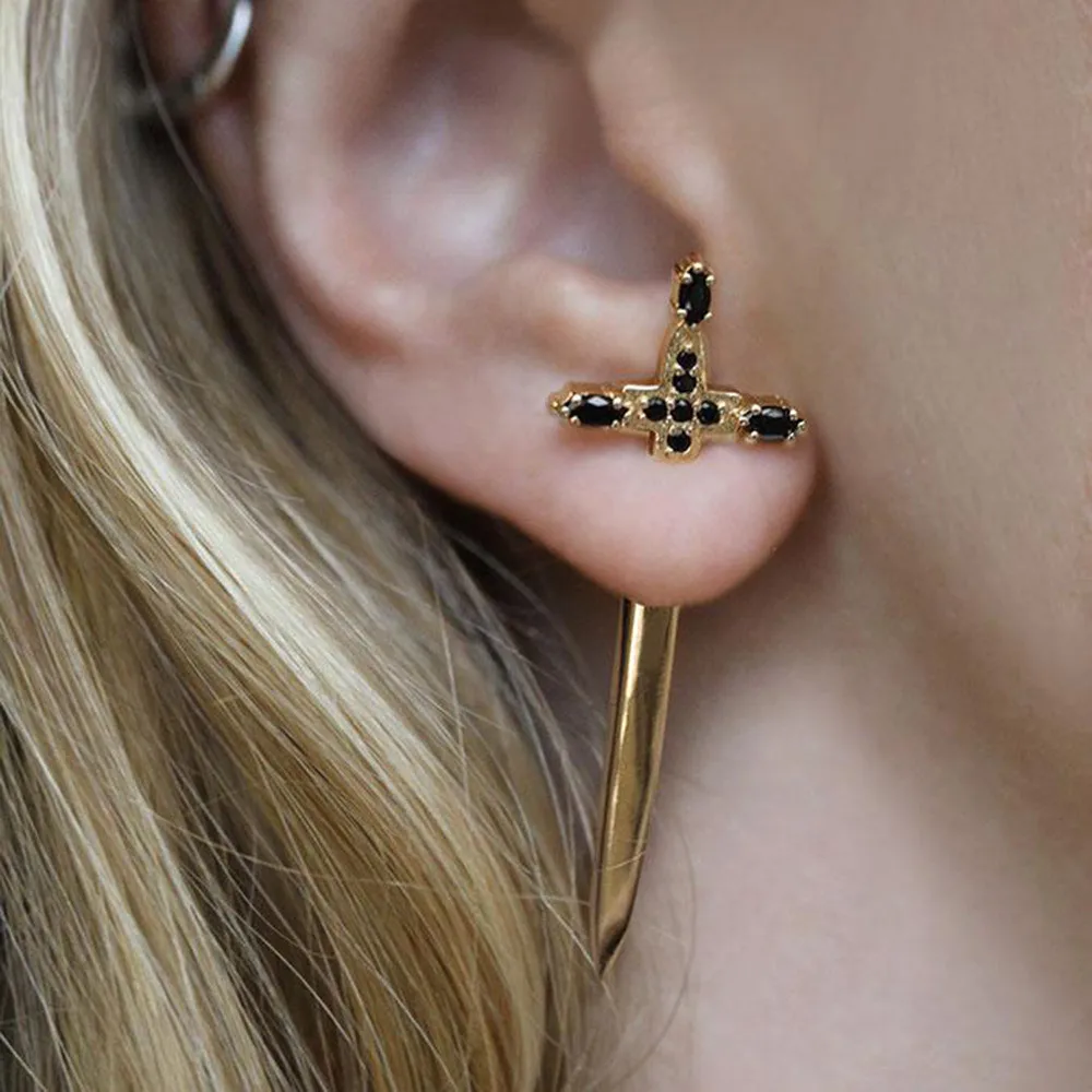 

Gothic Kinitial Sword Earring Hoops Vintage Cool Punk Gold Color Crystal Ear Jacket Goth Dagger Earrings For Women Jewelry Gift