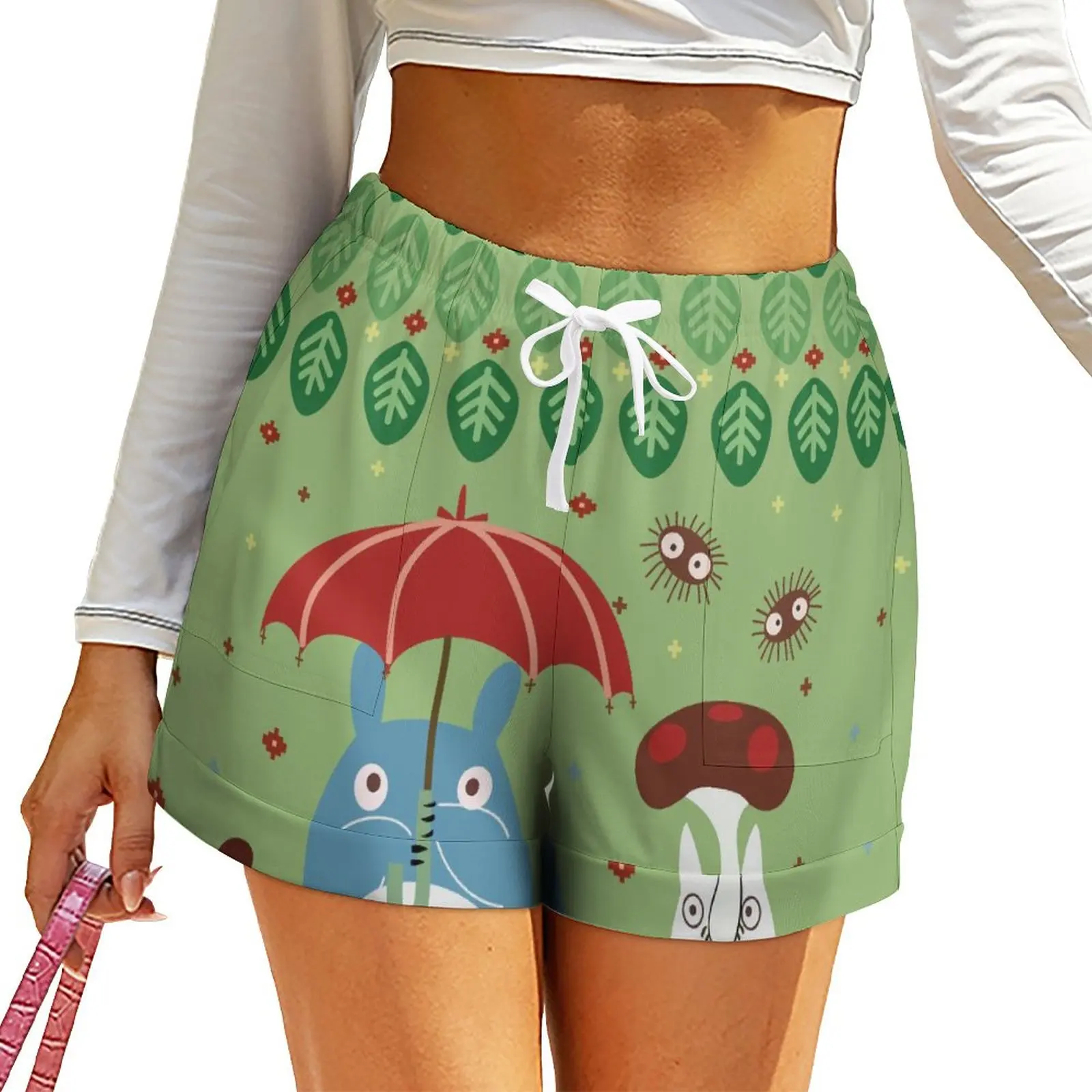 

Cute Totoro Shorts Women Green Leaves Print Street Style Custom Shorts High Waisted Oversize Short Pants Cute Bottoms