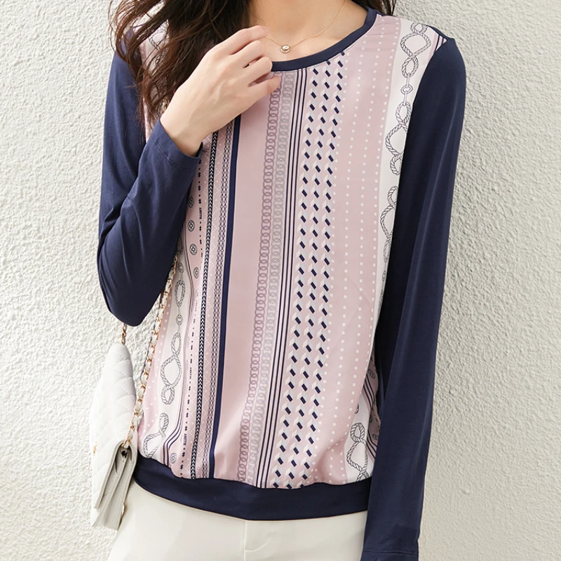 

Свободная Женская футболка, Новая повседневная футболка с геометрическим принтом, модный топ с круглым вырезом и длинным рукавом, лето