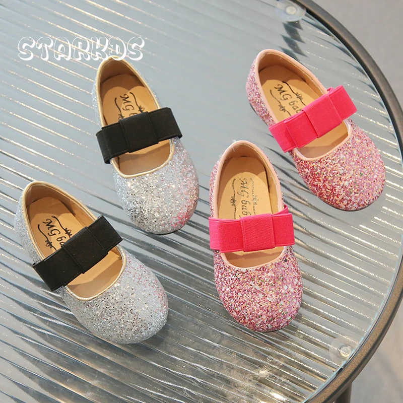 Luxury Pink Bowknot Ballet Flats Girls Glitter Princess Loafers Toddler Child Soft Sole Bling  Mary Janes Shoes