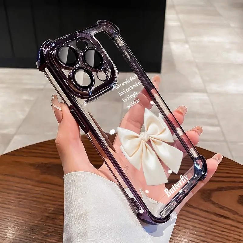 INS Simple White Bow Plating Case For Xiaomi 14 14Pro 13 13Pro Poco F4 F5 X5 X3 4G 5G Shockproof Anti-Fall Armor Cover