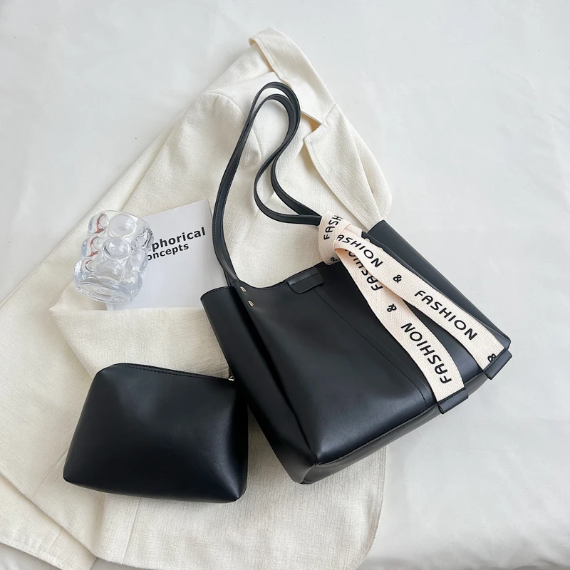 

Модные дизайнерские женские Сумки из искусственной кожи 2 шт./компл., хорошая повседневная женская сумка-тоут, женская черная сумка через пл...