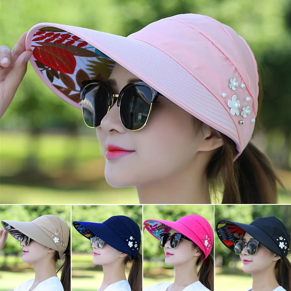 

1PC Hot summer sun hat with pearl adjustable big heads wide-brimmed beach hat UV protection packable sun visor hat