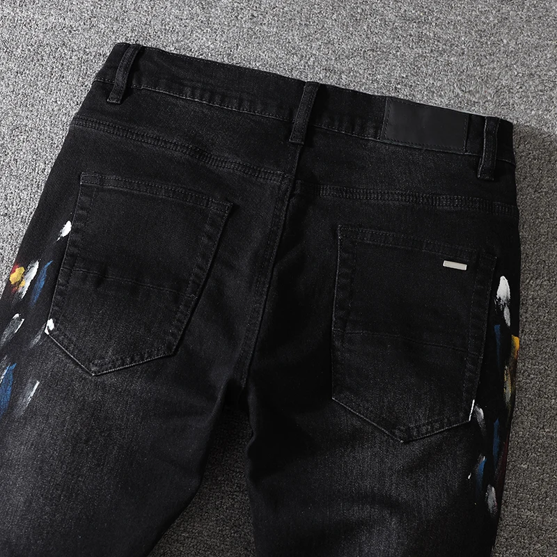2023 Brand Men's Jeans Streetwear Skinny Trouser Hip Hop Paint Splash Denim Pants Fashion Ripped Elastic Tight Slim Fit Trousers