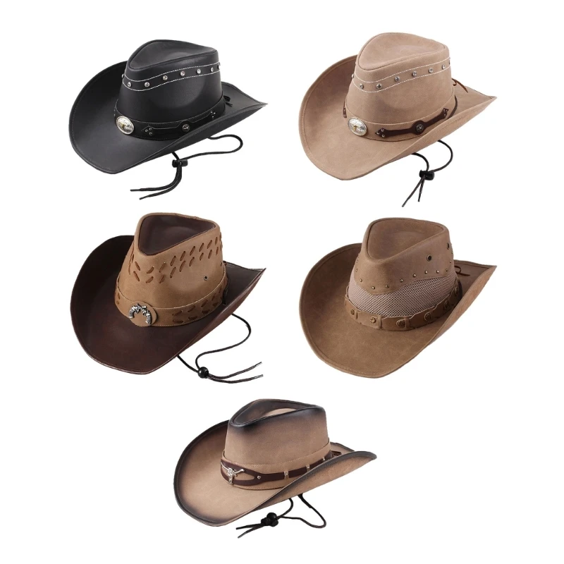 HXBA Ethnic Style Summer Sunproof Cowboy Hat Faux Leather Western Hat Sun-Protect
