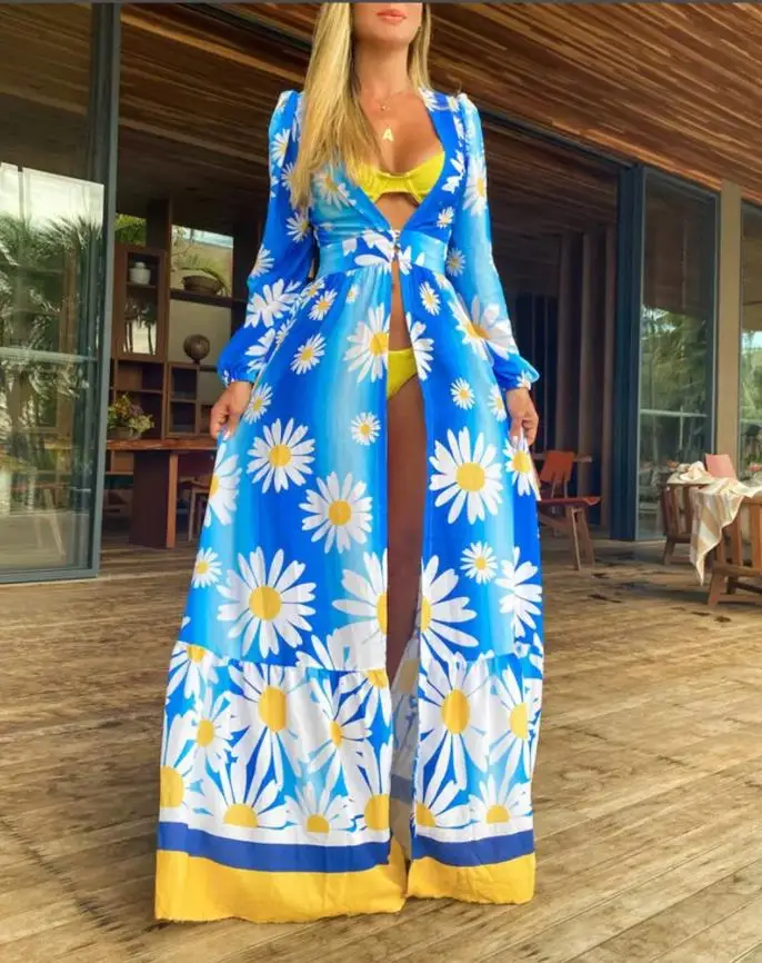 

Casual Women High Slit Daisy Print Puff Lantern Sleeve Dresses 2022 Summer Fashion New Bohemia Swimwears Long Dress