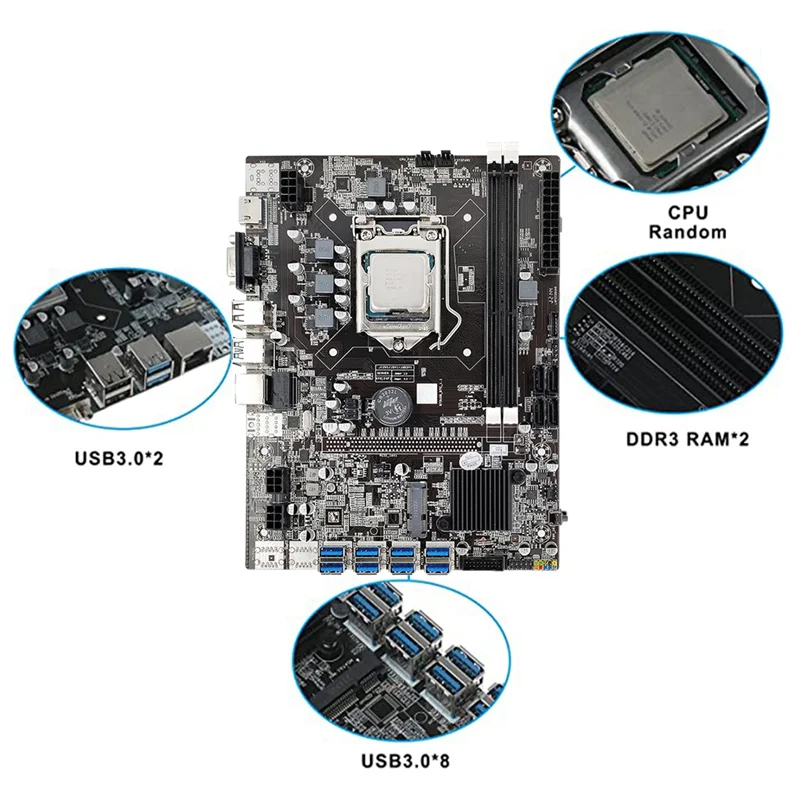 

Комплект материнской платы B75 USB BTC для майнинга + ЦП + 2x4G DDR3 ОЗУ + переключатель кабеля + SATA кабель 8xpcie USB3.0 LGA1155 DDR3