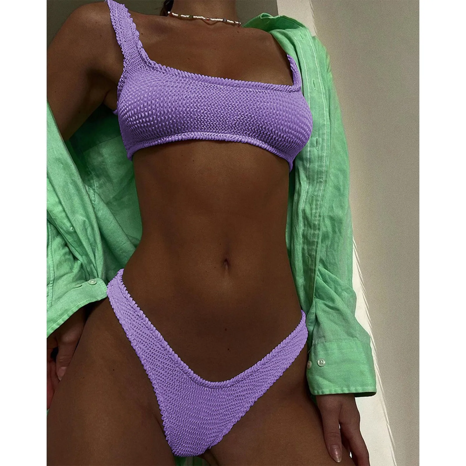 

Solid Ruffles Crochet Swimsuit New Women Push-up Bra Biquini Sexy Bikini Set Triangle Swimwear Trajes De Baño Mujer Bathing Suit