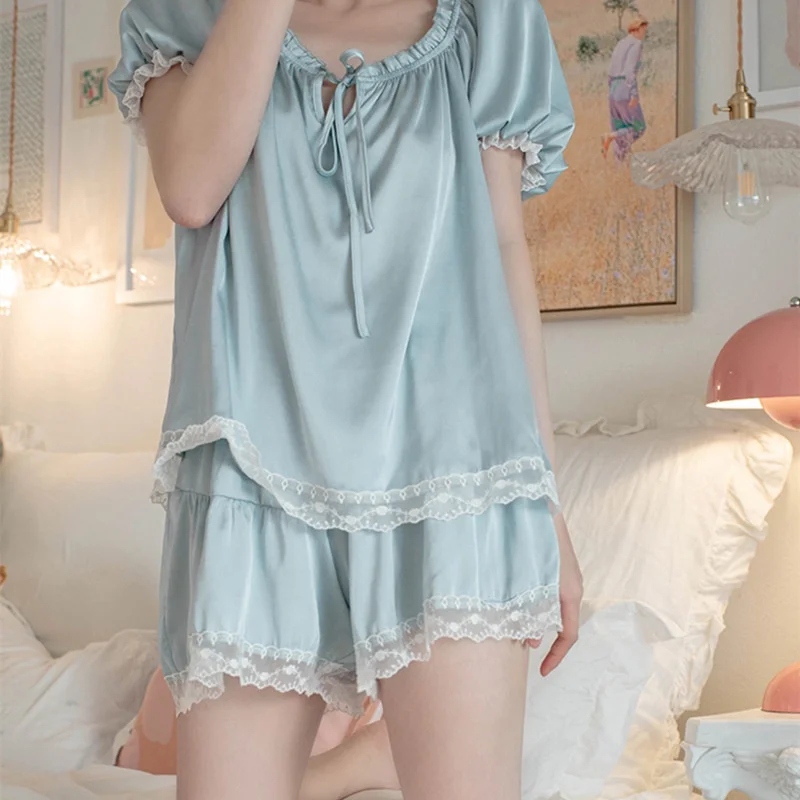 Summer Women's Pajama Set Silk Satin Lace Pyjama Short Sleeve 2 Pcs Patchwork Solid Pajamas Shirt Shorts Home Clothes Nightwear