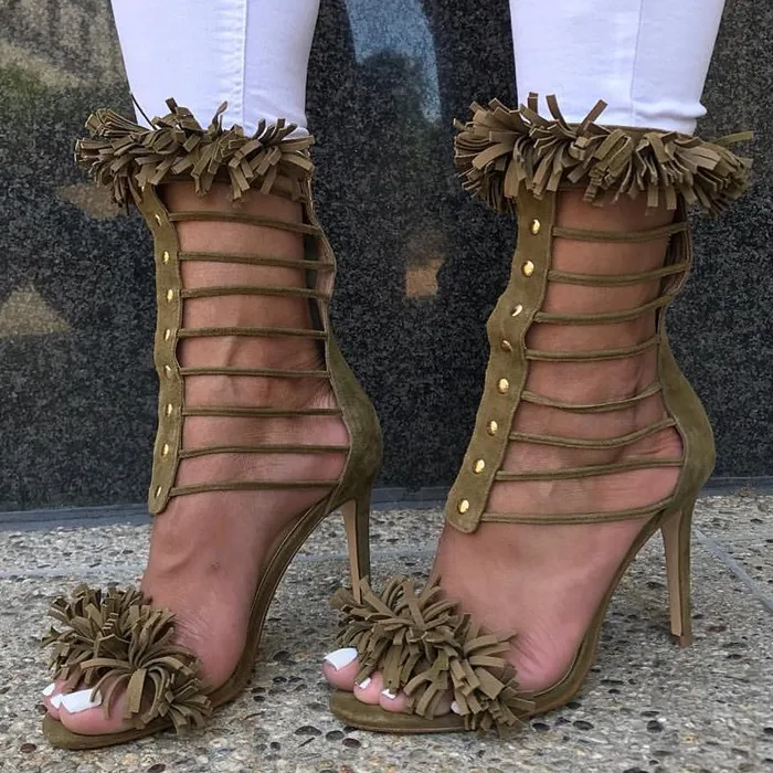 

Newest Design High Heel Sandals Deep Top Tassel Summer Shoes 10CM Strap Pumps Women Fringe Handmade High Heels